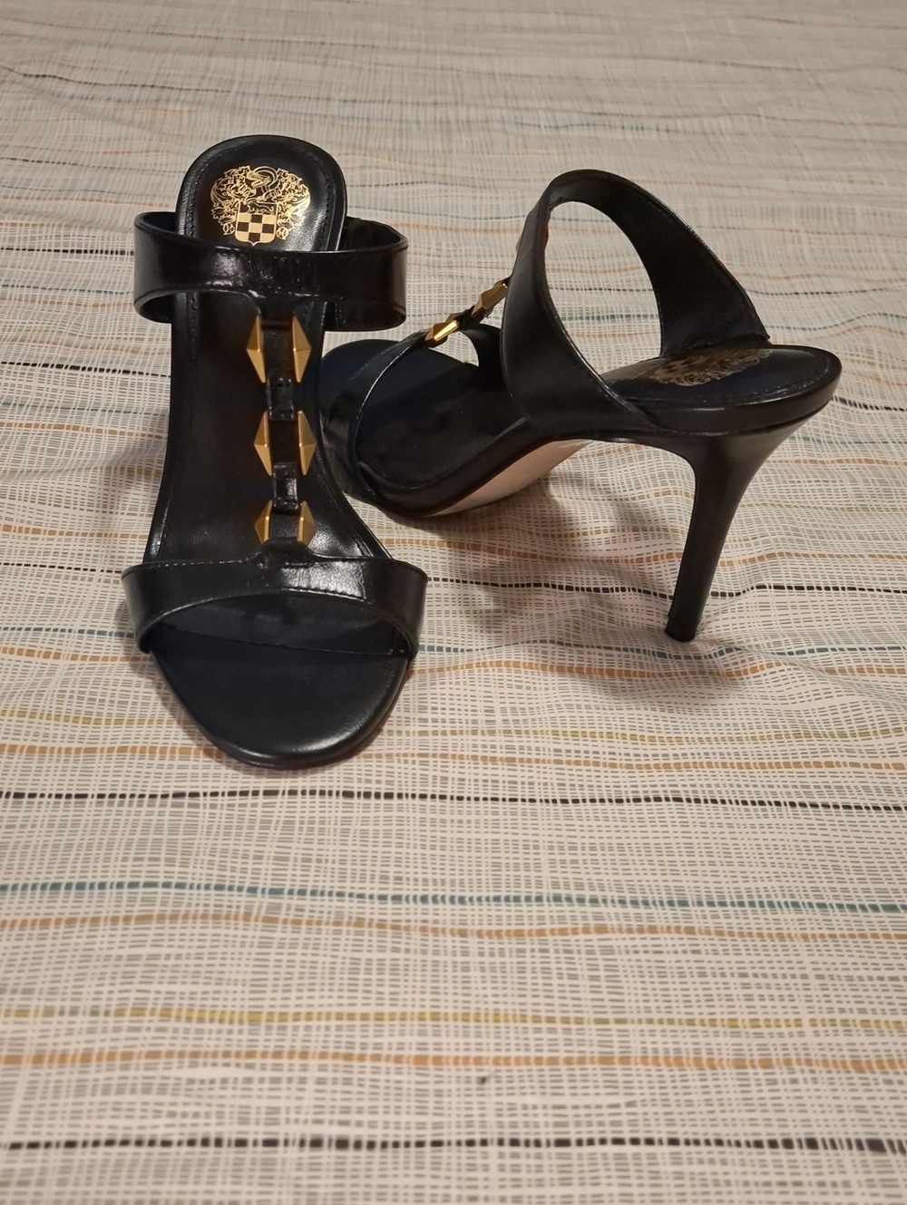 Vince Camuto Black T-Strap High Heel Sandals with Gold Accents